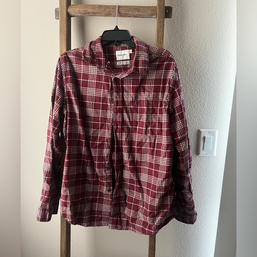 GOODFELLOW - men’s Burgundy Plaid Cotton Shirt size L - Picture 1 of 4